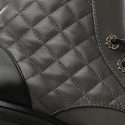 Chanel Shiny Lambskin Quilted Lace Up Combat Boots 38.5 Grey Black 10 of 11