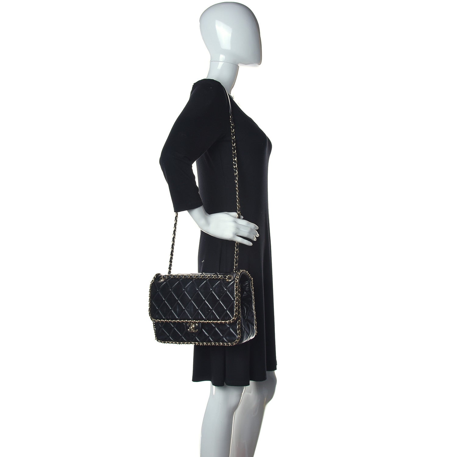 Chanel Crumpled Calfskin Quilted Large Chain All Over Flap Bag Black 2 of 12