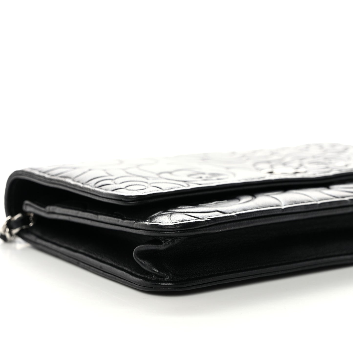 Lambskin Camellia Embossed Wallet on Chain WOC Black