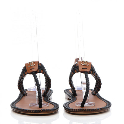 Chanel Lambskin Calfskin Braided Thong Sandals Black Brown 2 of 7