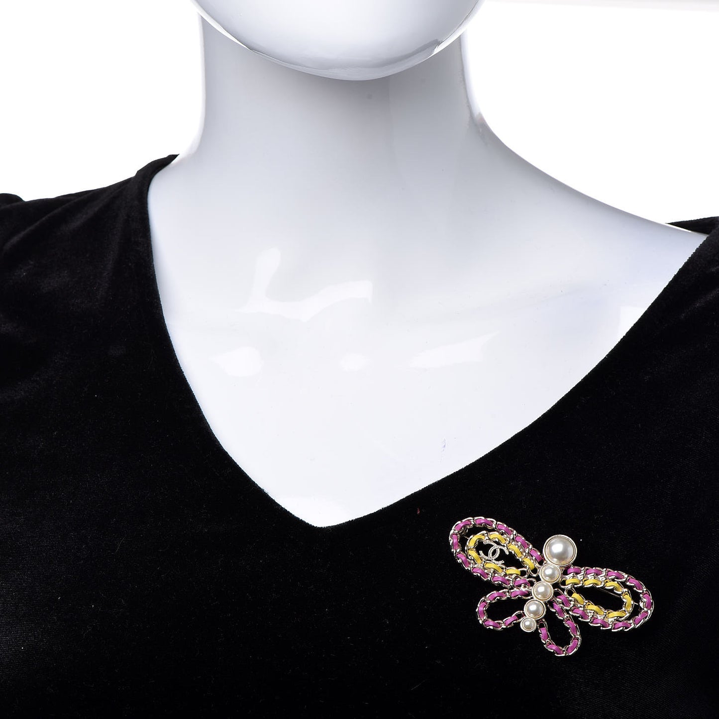 Lambskin Chain Pearl CC Butterfly Brooch Pink Yellow Gold
