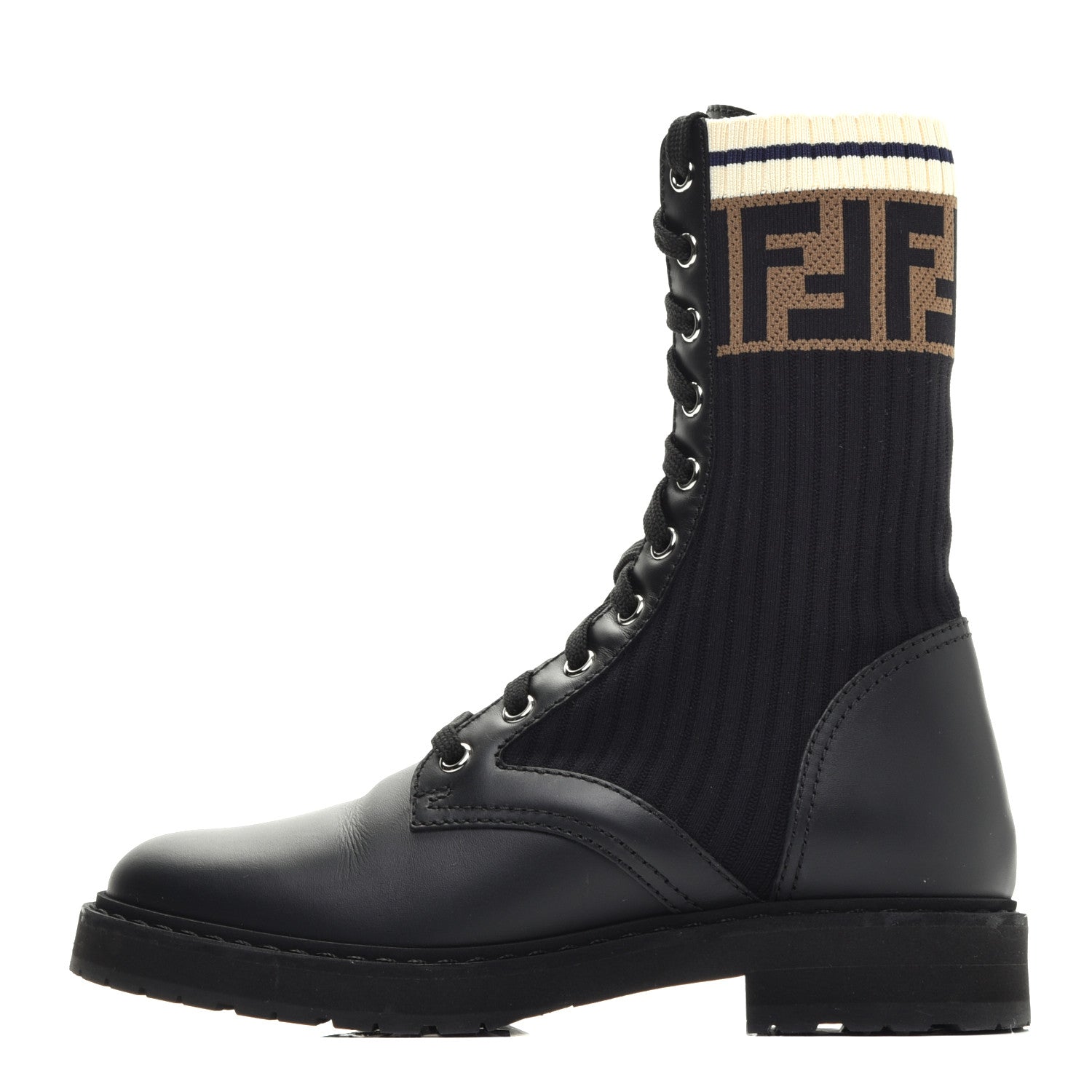 Fendi Calfskin Stretch Fabric Rockoko Biker Boots 35.5 Tobacco Black Marino 1 of 8