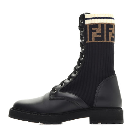 Fendi Calfskin Stretch Fabric Rockoko Biker Boots 35.5 Tobacco Black Marino 1 of 8