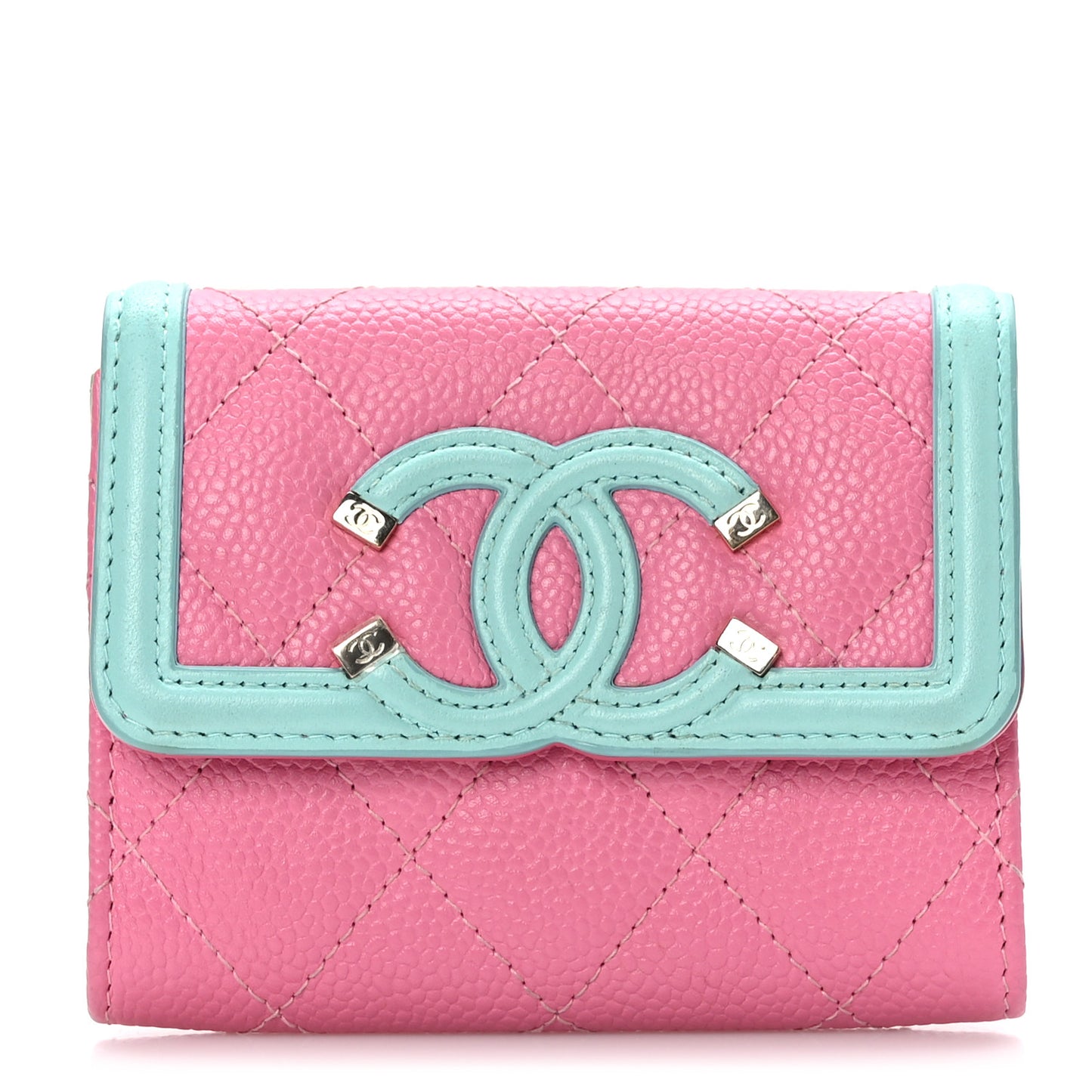 Caviar Quilted Filigree Flap Card Holder Pink Blue Green