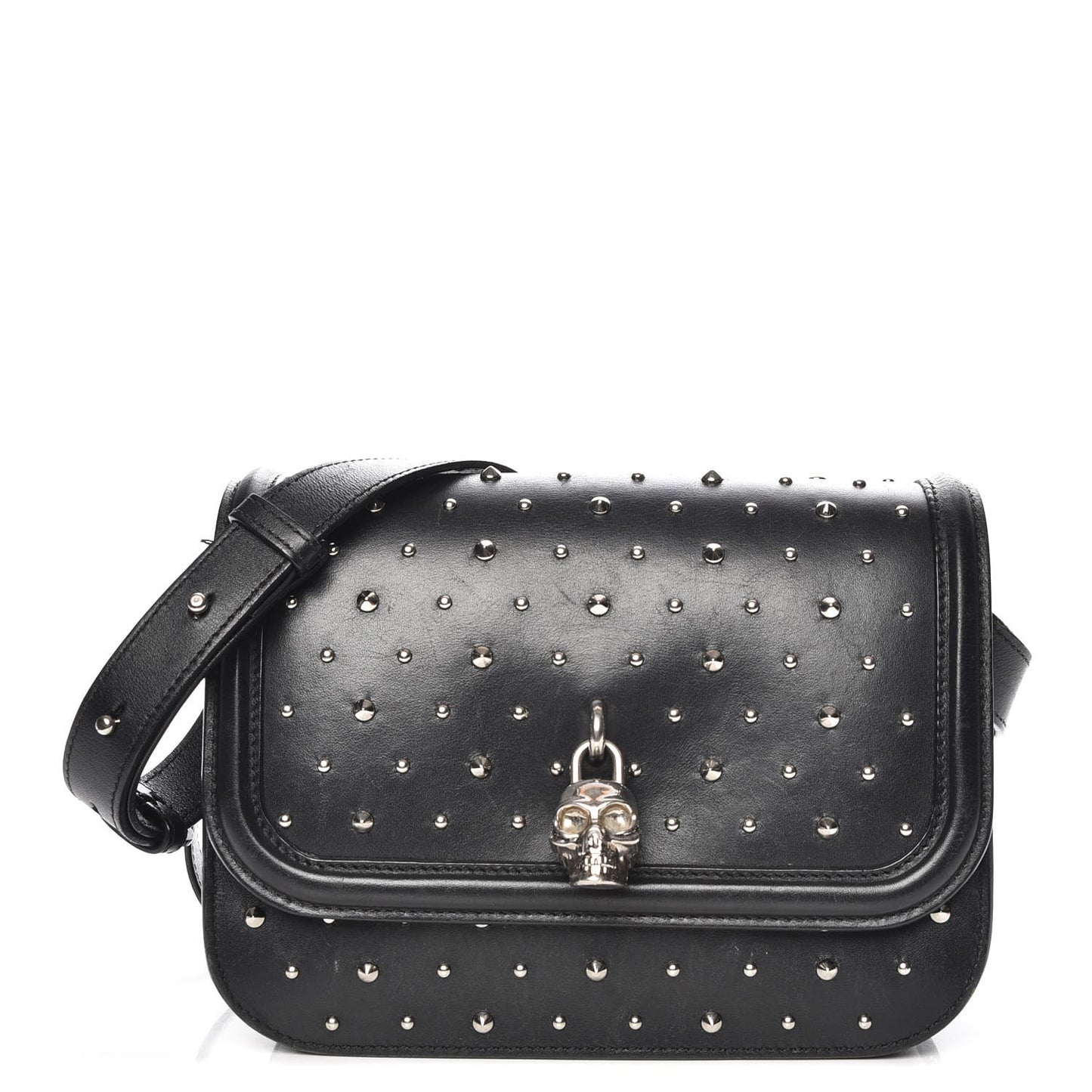 Calfskin Studded Small Padlock Crossbody Bag Black
