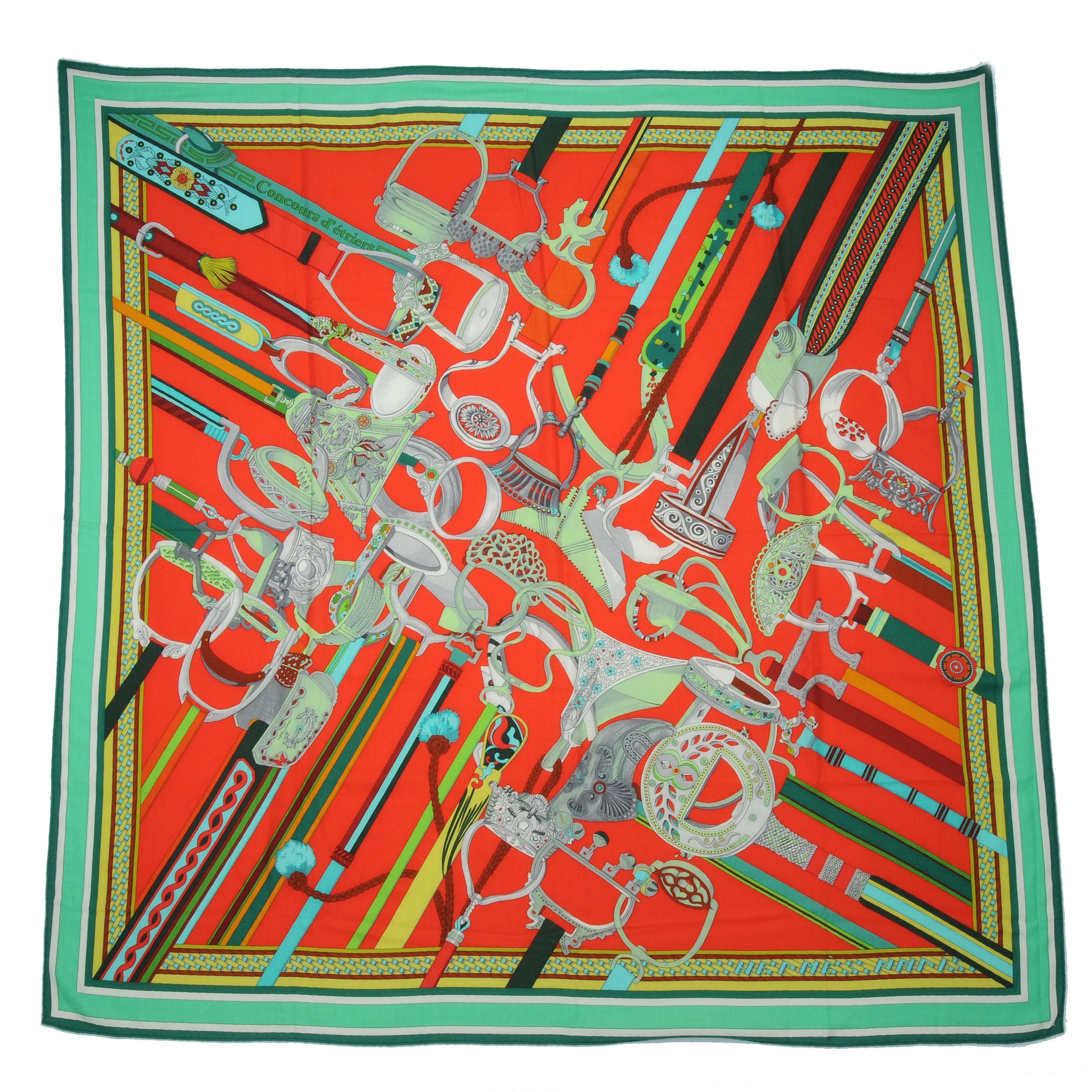 Hermes Cashmere Silk Concours D Etriers Shawl GM 140 Emeralde 2 of 6