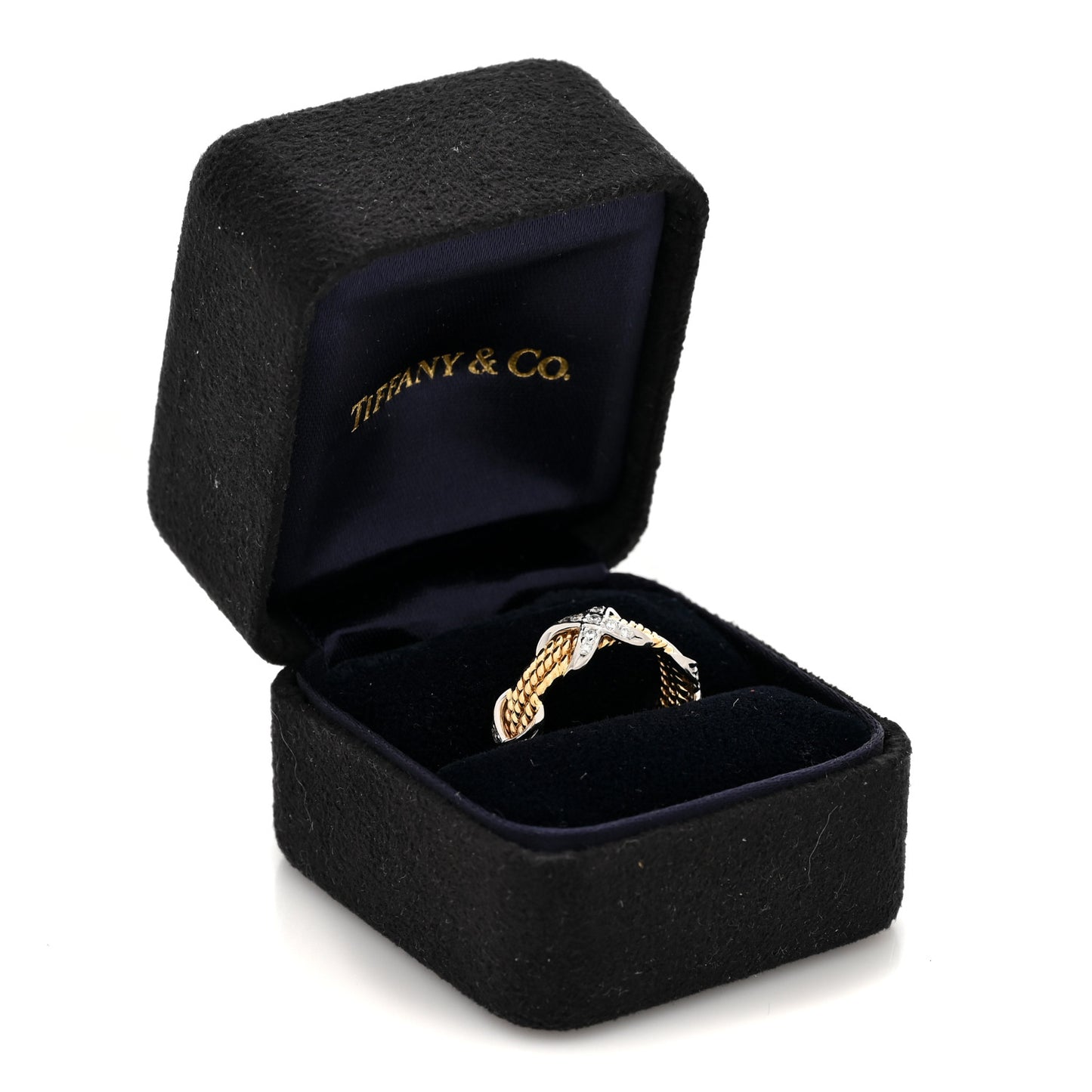 18K Yellow Gold Platinum Diamond Schlumberger Rope Three Row X Ring 52 6