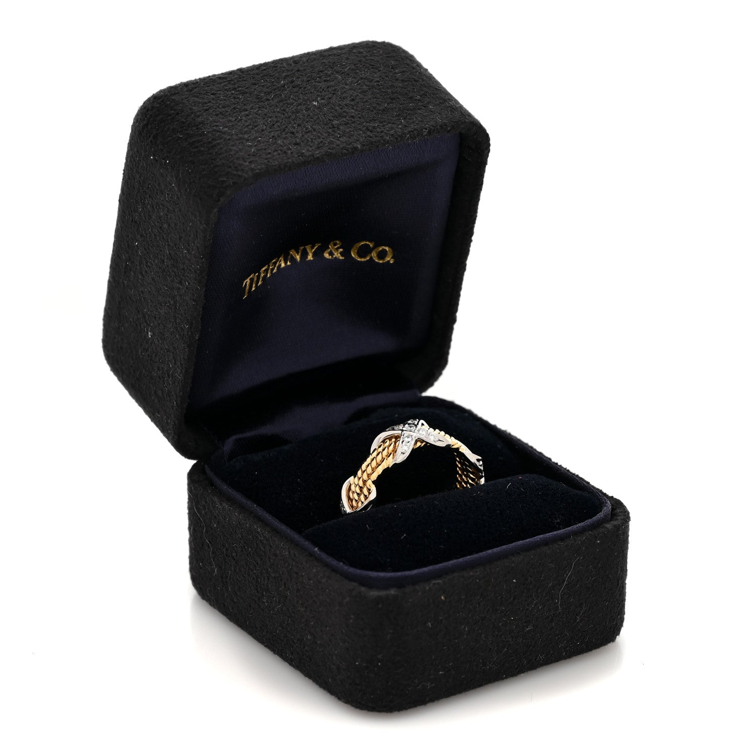 Tiffany 18K Yellow Gold Platinum Diamond Schlumberger Rope Three Row X Ring 52 6 5 of 5