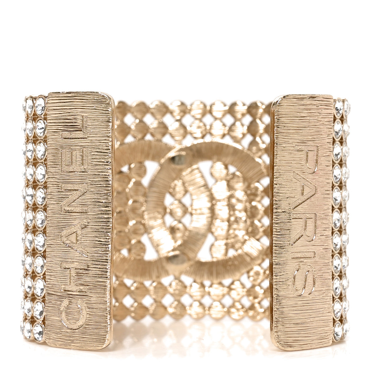 Chanel Large Strass Crystal CC Cuff Bracelet M Gold 3 of 5