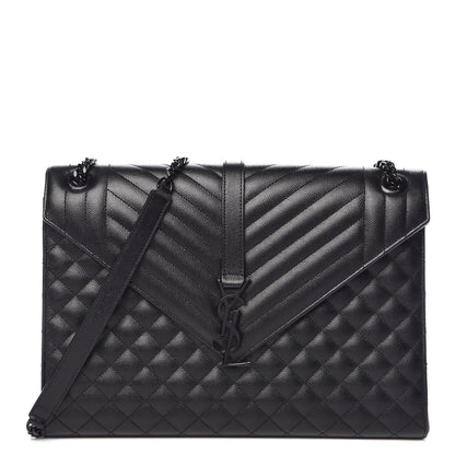 Saint Laurent Grain De Poudre Textured Mixed Matelasse Large Triquilt Monogram Monochrome Satchel Black 1 of 11