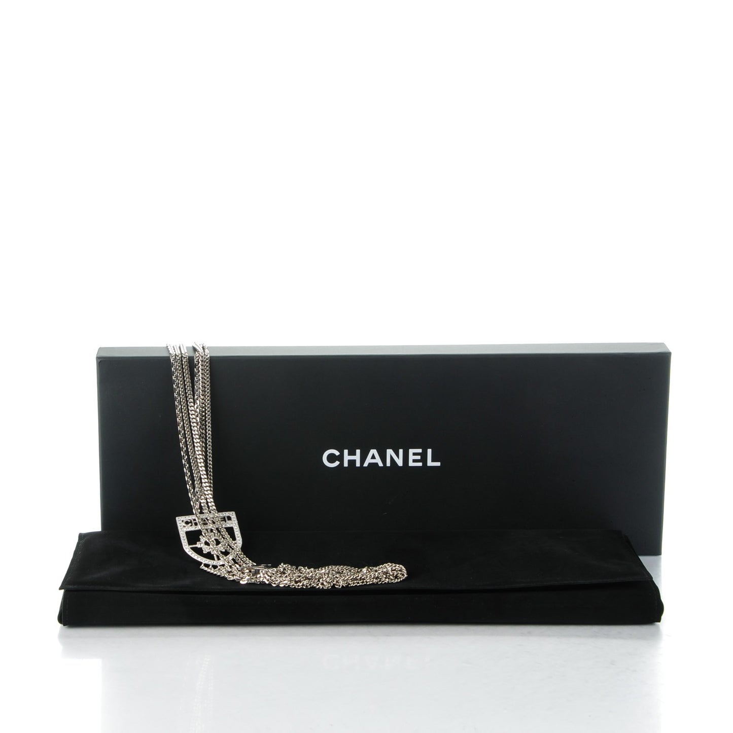 Baguette Crystal CC Shield Multi Strand Long Chain Necklace Silver