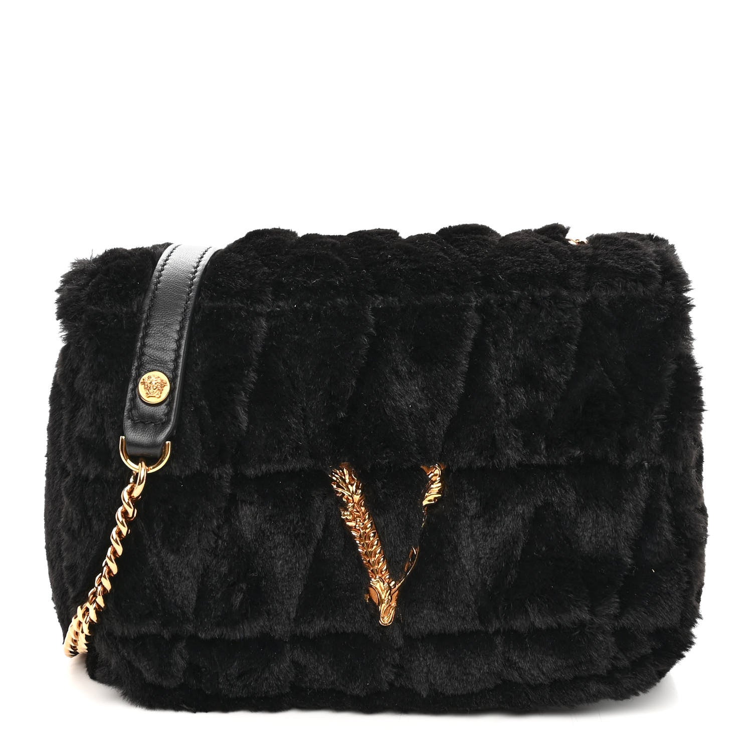 Versace Faux Fur Quilted Virtus Shoulder Bag Black 1 of 9