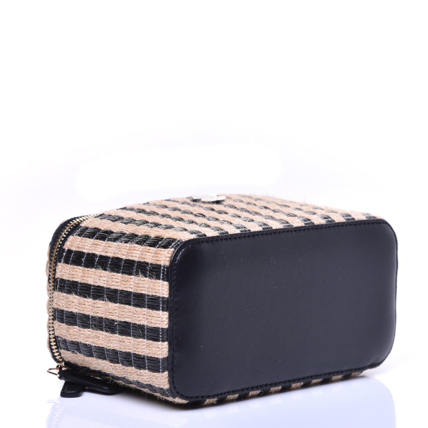 Raffia Jute Striped Small Vanity Case With Chain Black Beige