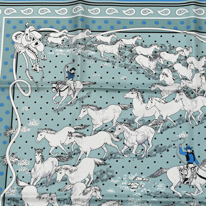 Hermes Silk Les Mustangs Bandana 55 Vert De Gris Bleu 4 of 5