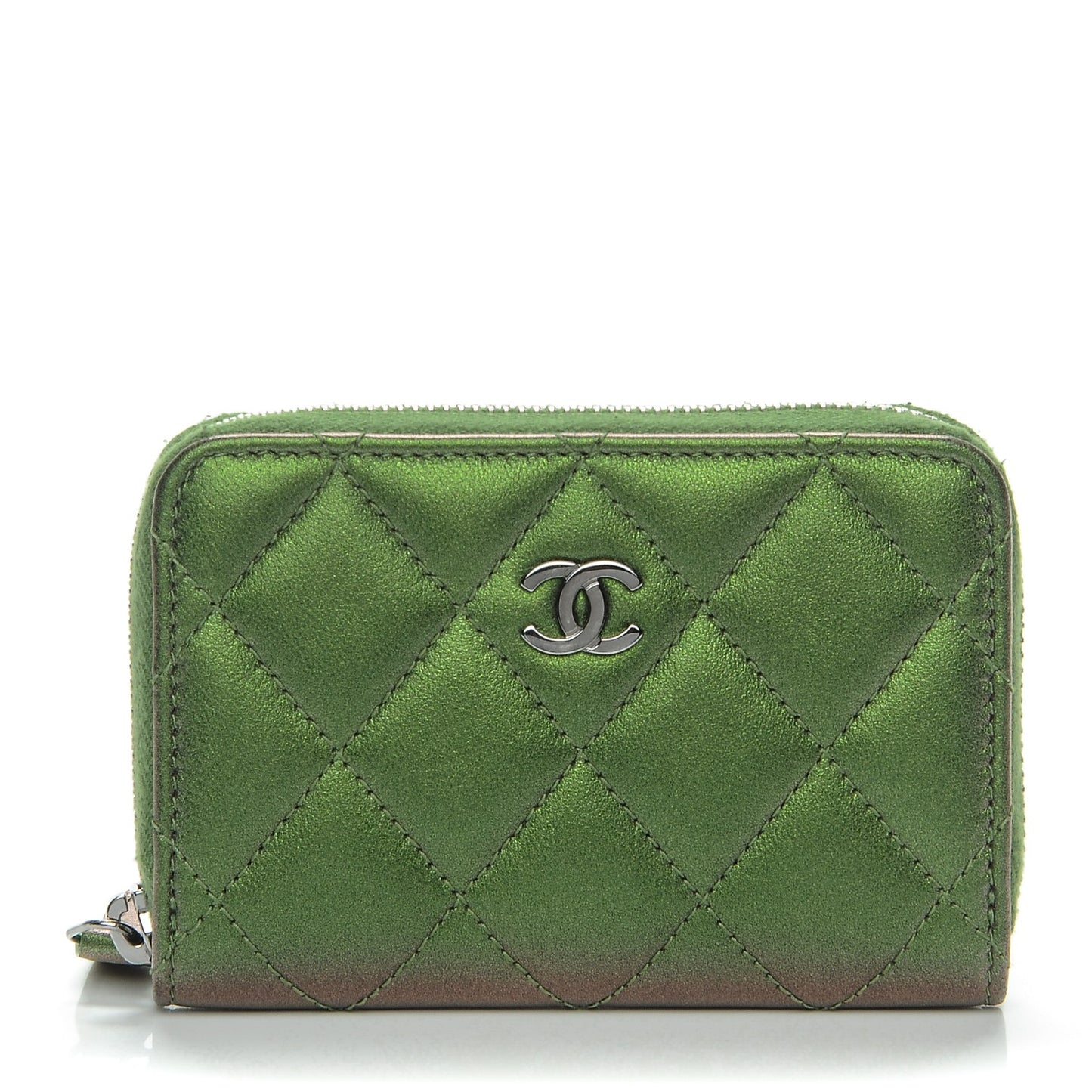 Metallic Lambskin Quilted Zip Around Coin Purse Wallet Green