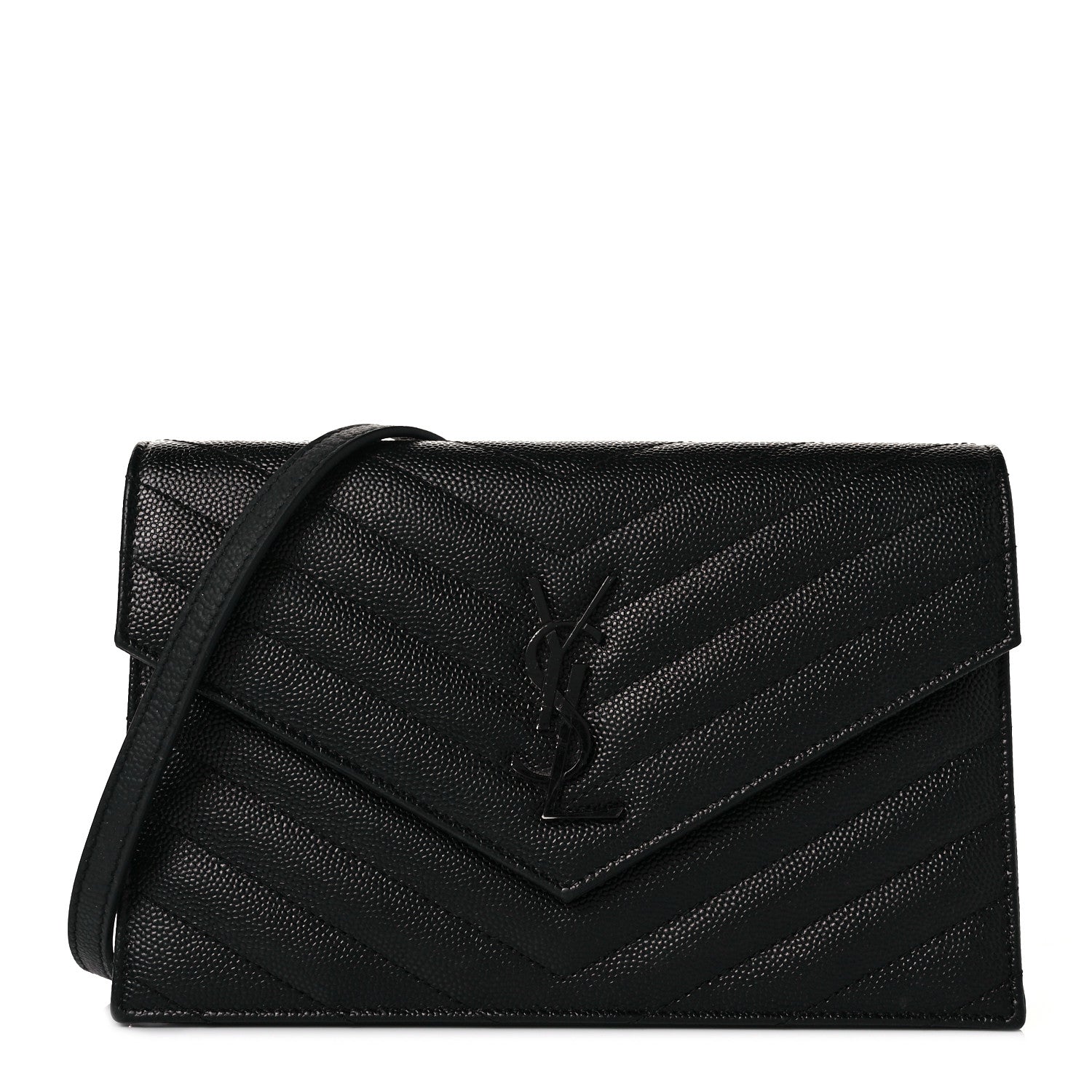 Saint Laurent Grain De Poudre Matelasse Chevron Monogram Monochrome Envelope Chain Wallet Black 1 of 9