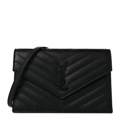Saint Laurent Grain De Poudre Matelasse Chevron Monogram Monochrome Envelope Chain Wallet Black 1 of 9