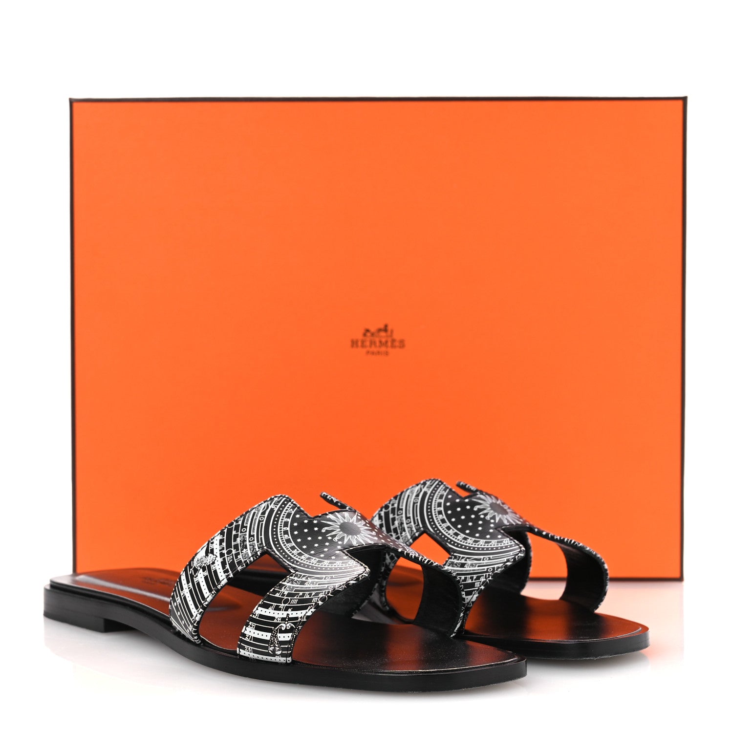 Hermes Calfskin Astrologie Bandana Oran Sandals 38 Black White 12 of 12