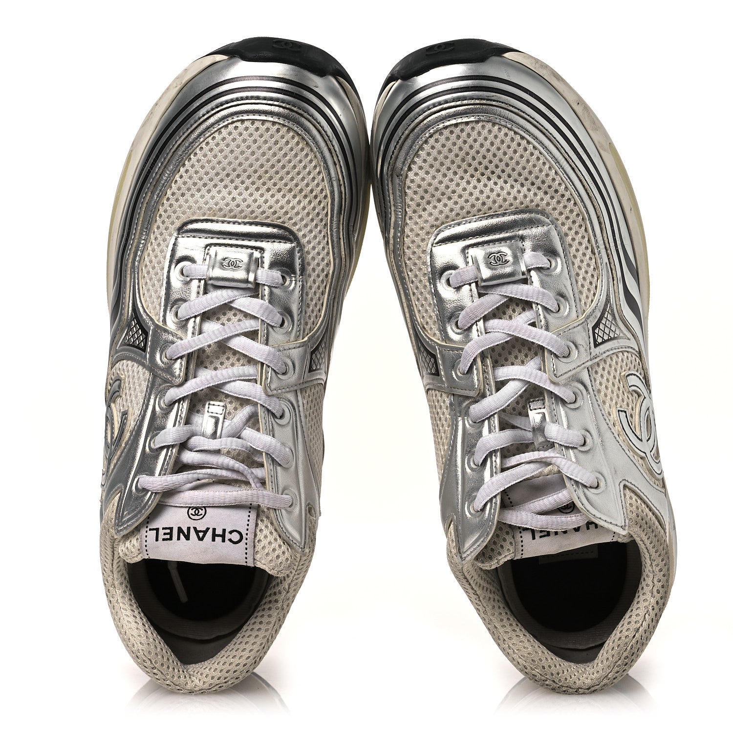 Chanel Fabric Laminated Calfskin Stretch CC Sneakers 39.5 White Silver 2 of 14