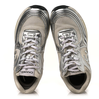 Chanel Fabric Laminated Calfskin Stretch CC Sneakers 39.5 White Silver 2 of 14