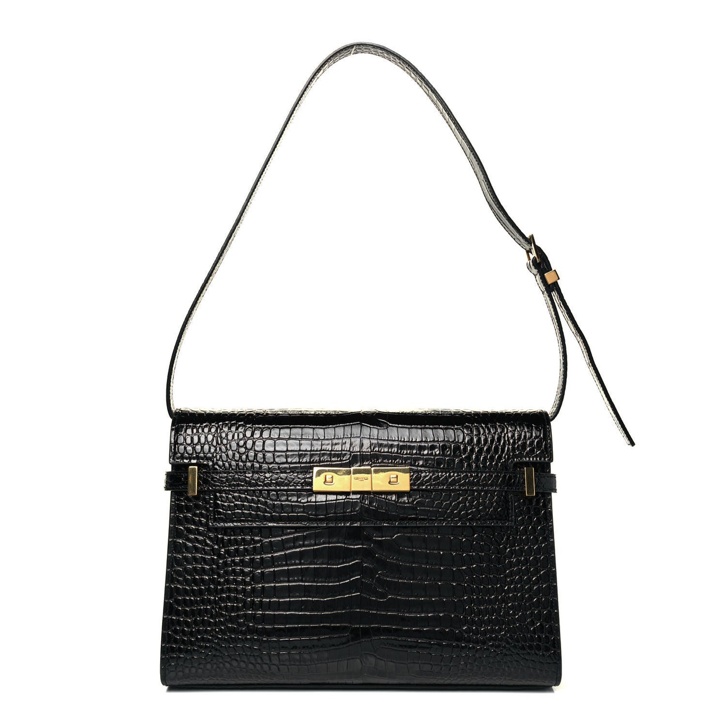 Shiny Calfskin Crocodile Embossed Manhattan Baguette Black