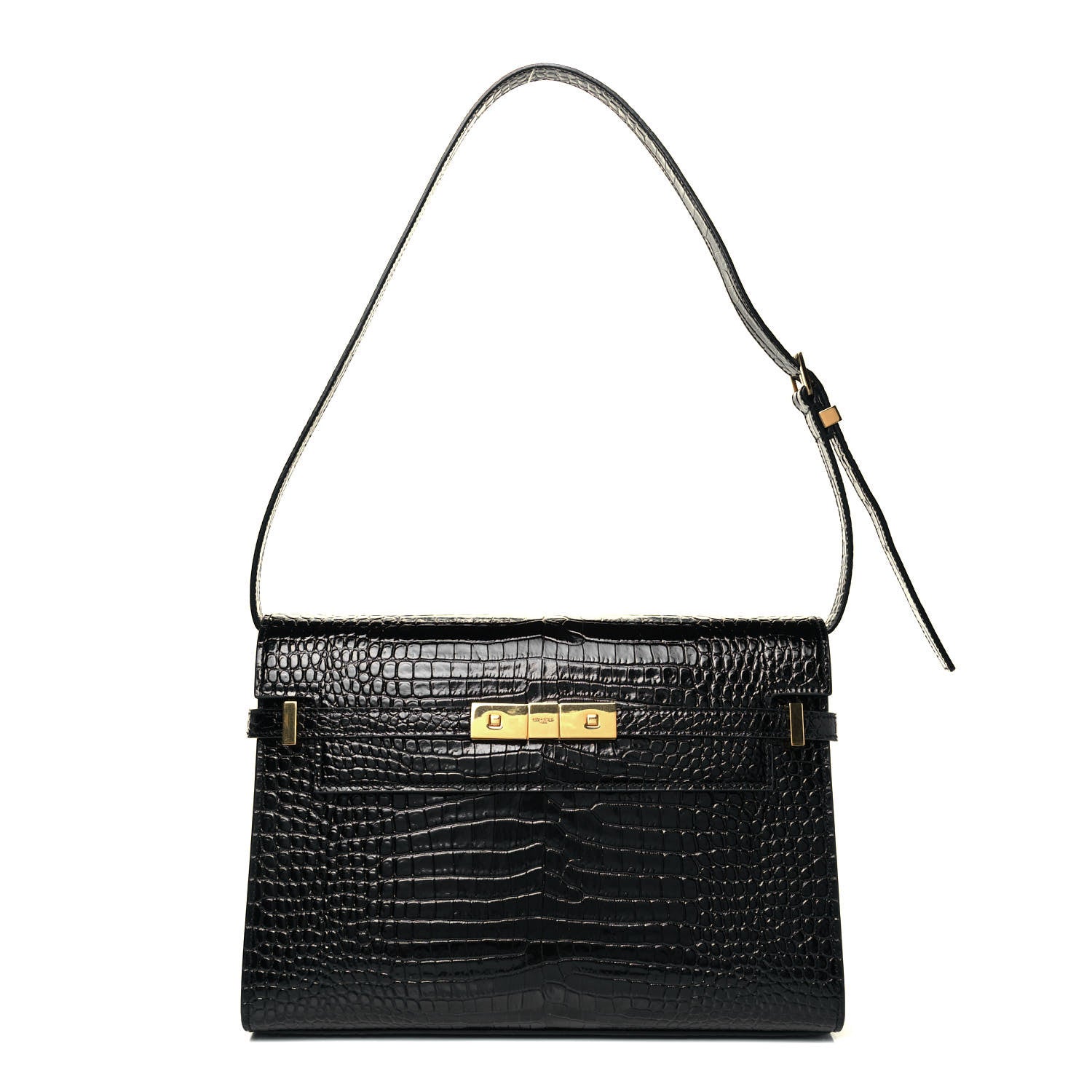 Saint Laurent Shiny Calfskin Crocodile Embossed Manhattan Baguette Black 1 of 10