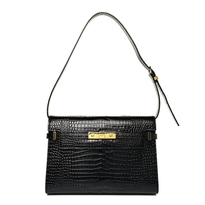 Saint Laurent Shiny Calfskin Crocodile Embossed Manhattan Baguette Black 1 of 10