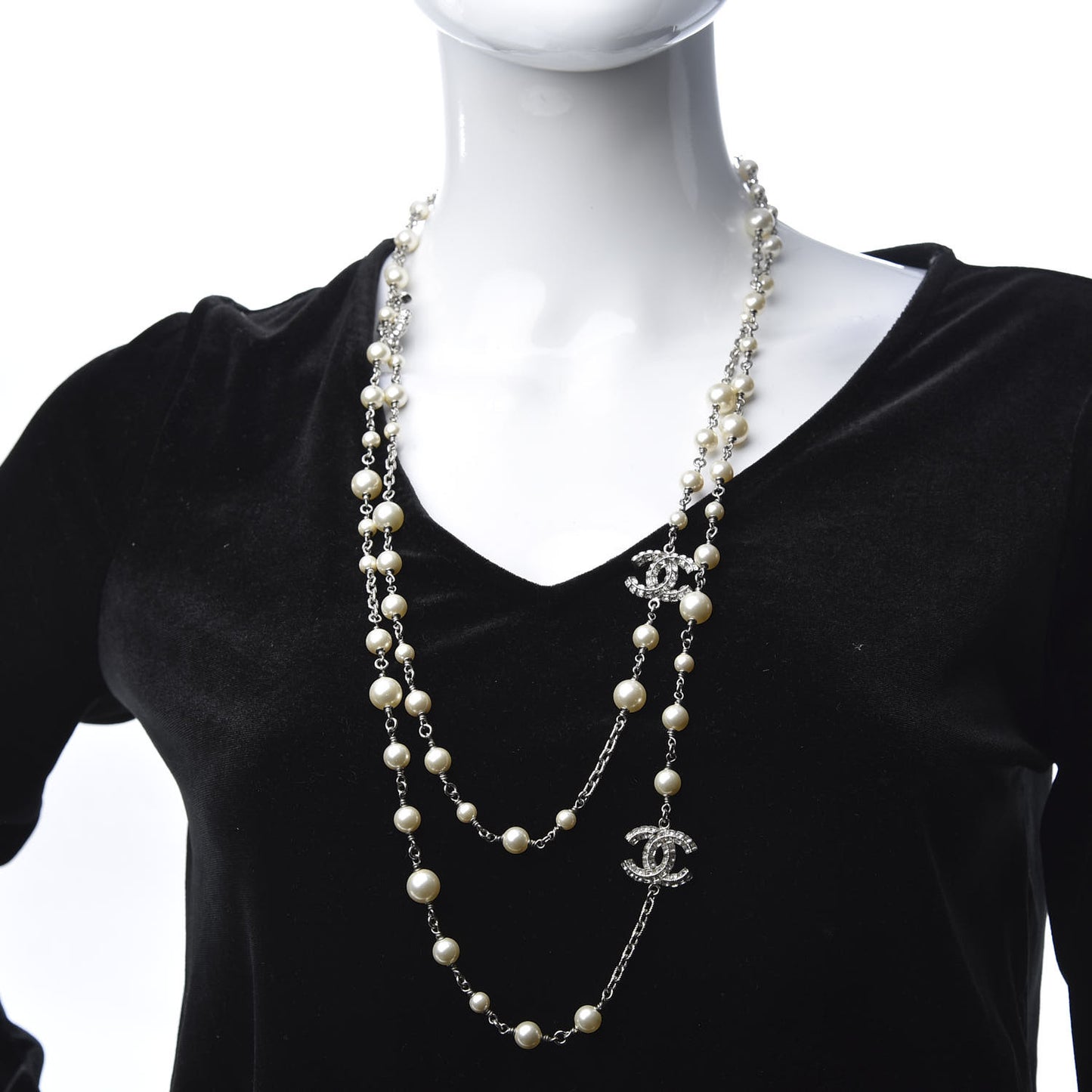 Pearl Baguette Crystal CC Long Necklace Silver