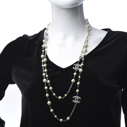 Chanel Pearl Baguette Crystal CC Long Necklace Silver 2 of 5