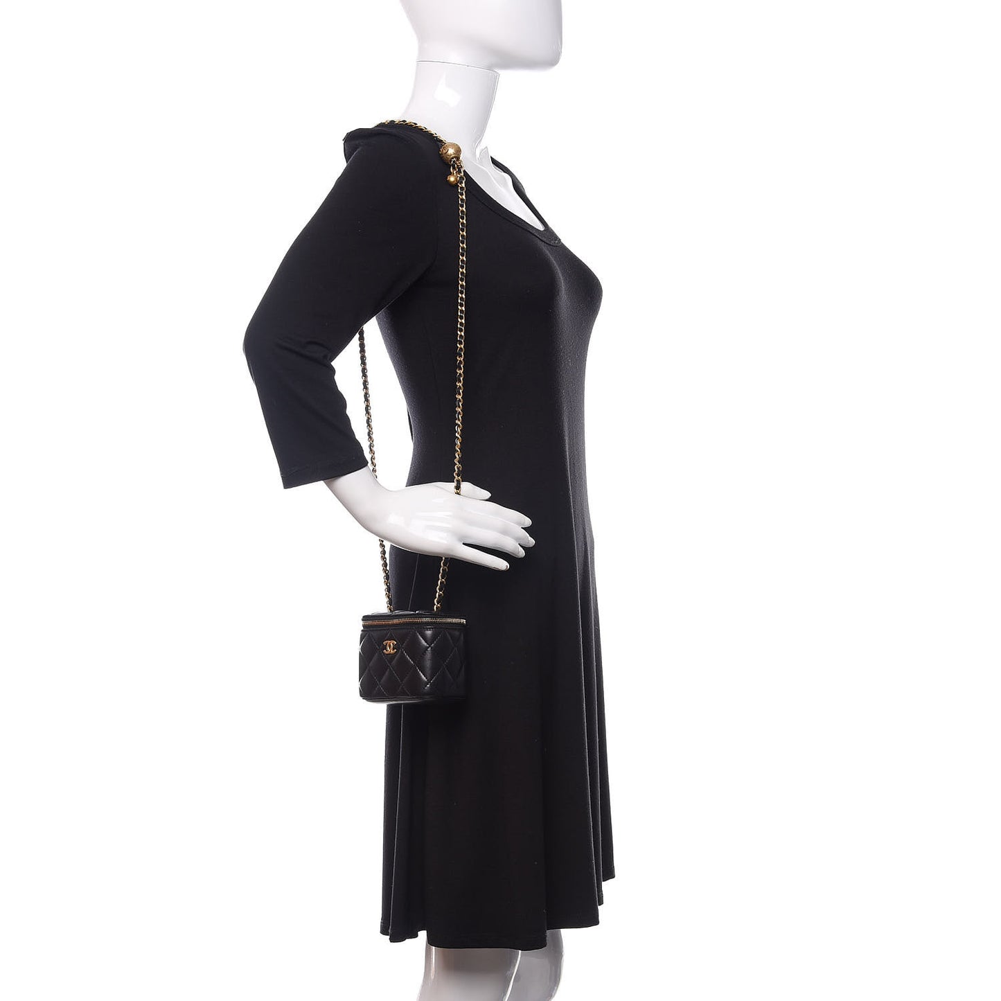 Lambskin Quilted Mini Pearl Crush Vanity Case With Chain Black