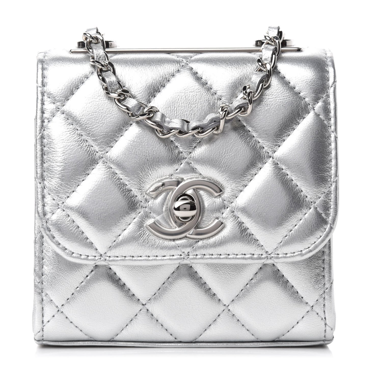 Metallic Lambskin Quilted Mini Trendy CC Clutch With Chain Silver
