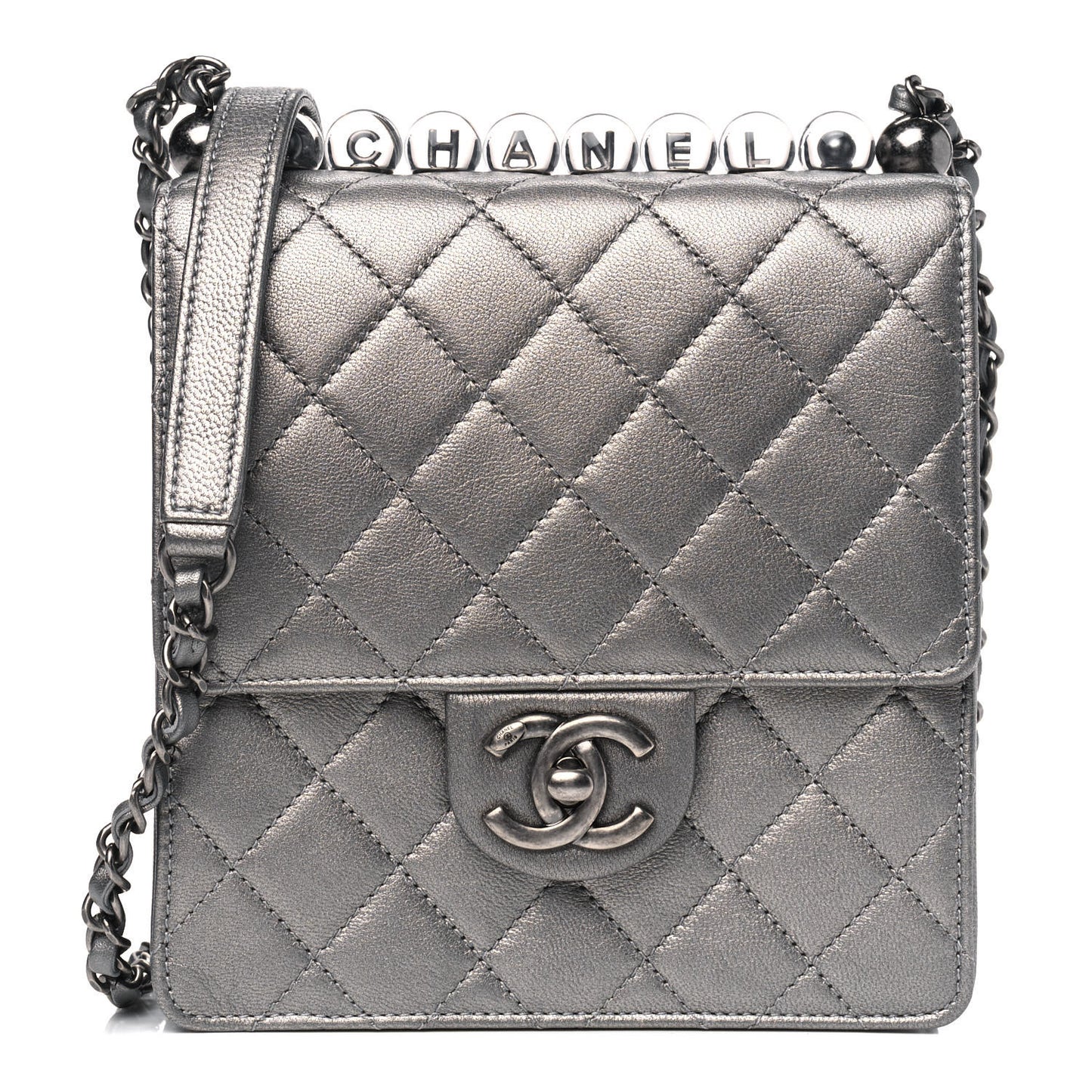 Metallic Goatskin Quilted Chic Pearls Flap Silver