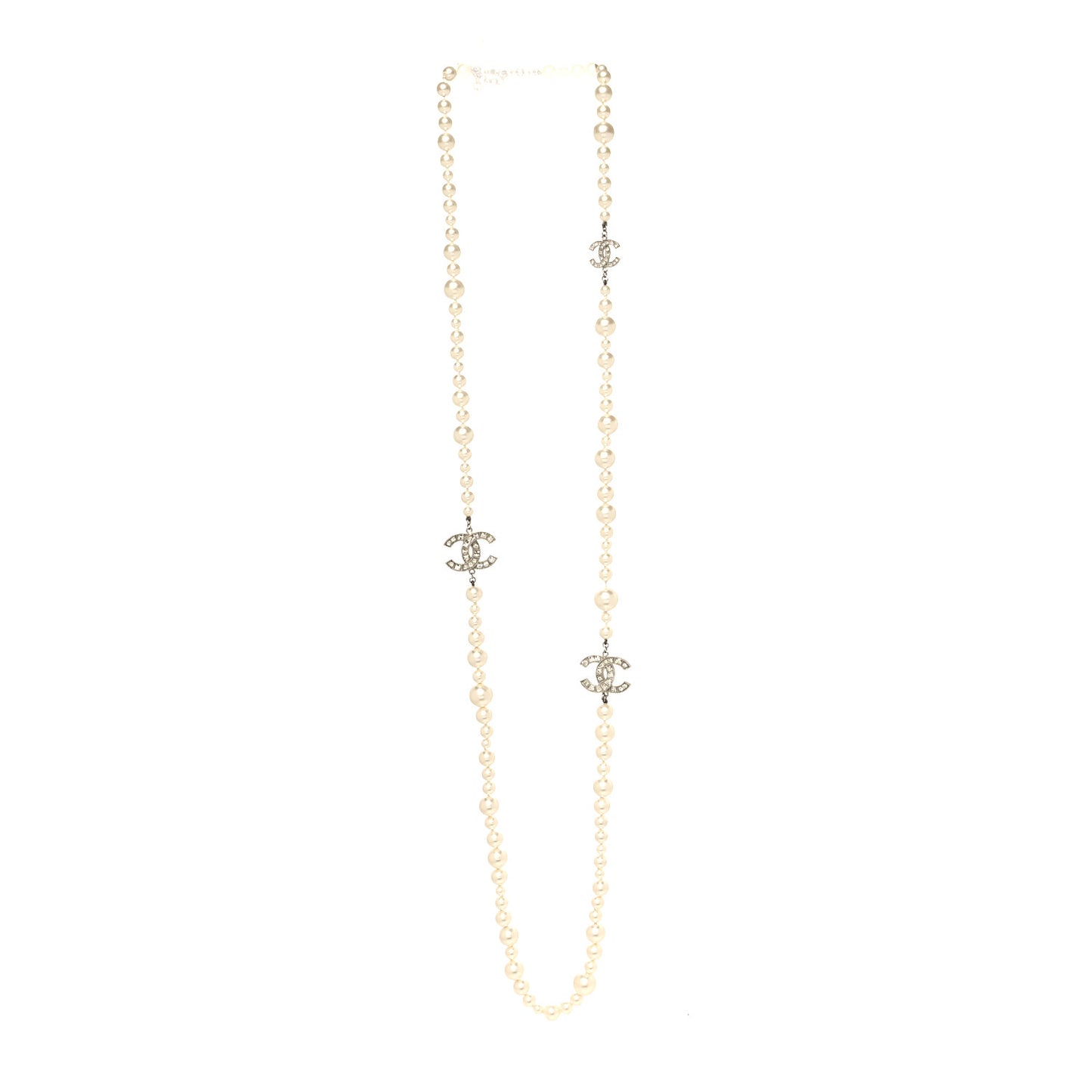Pearl Baguette Crystal CC Long Necklace Silver