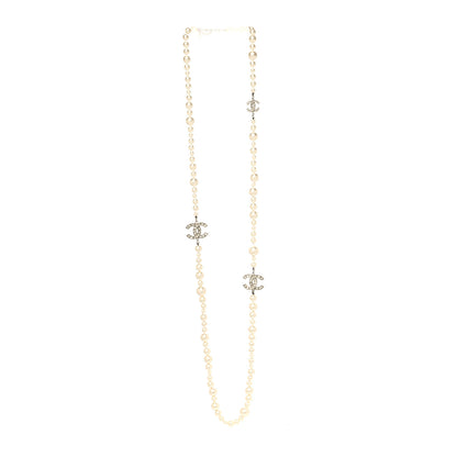 Chanel Pearl Baguette Crystal CC Long Necklace Silver 3 of 5