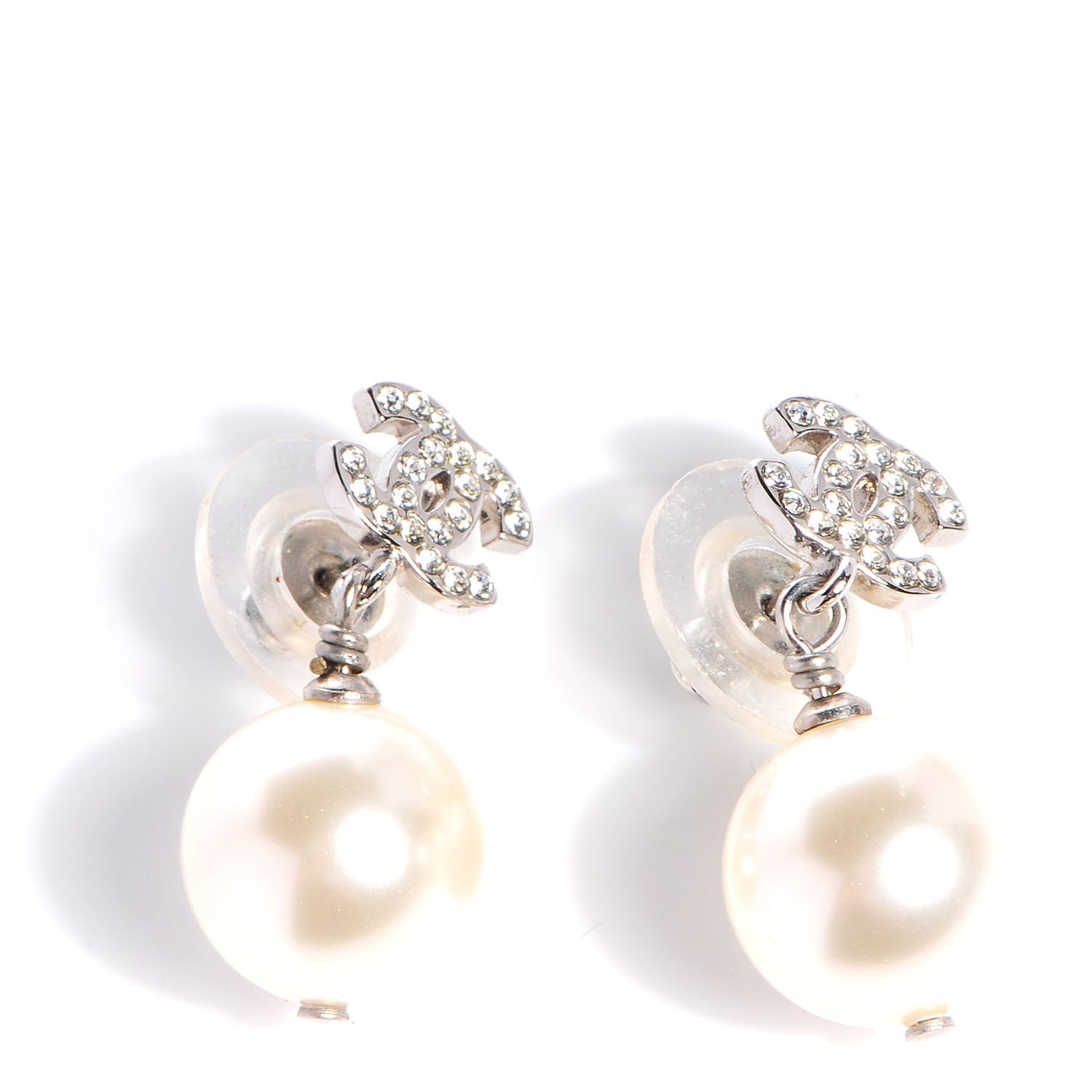 Chanel Crystal CC Pearl Dangle Earrings Silver 1 of 5