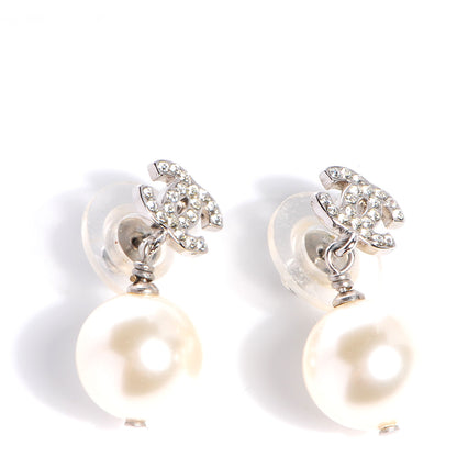 Chanel Crystal CC Pearl Dangle Earrings Silver 1 of 5