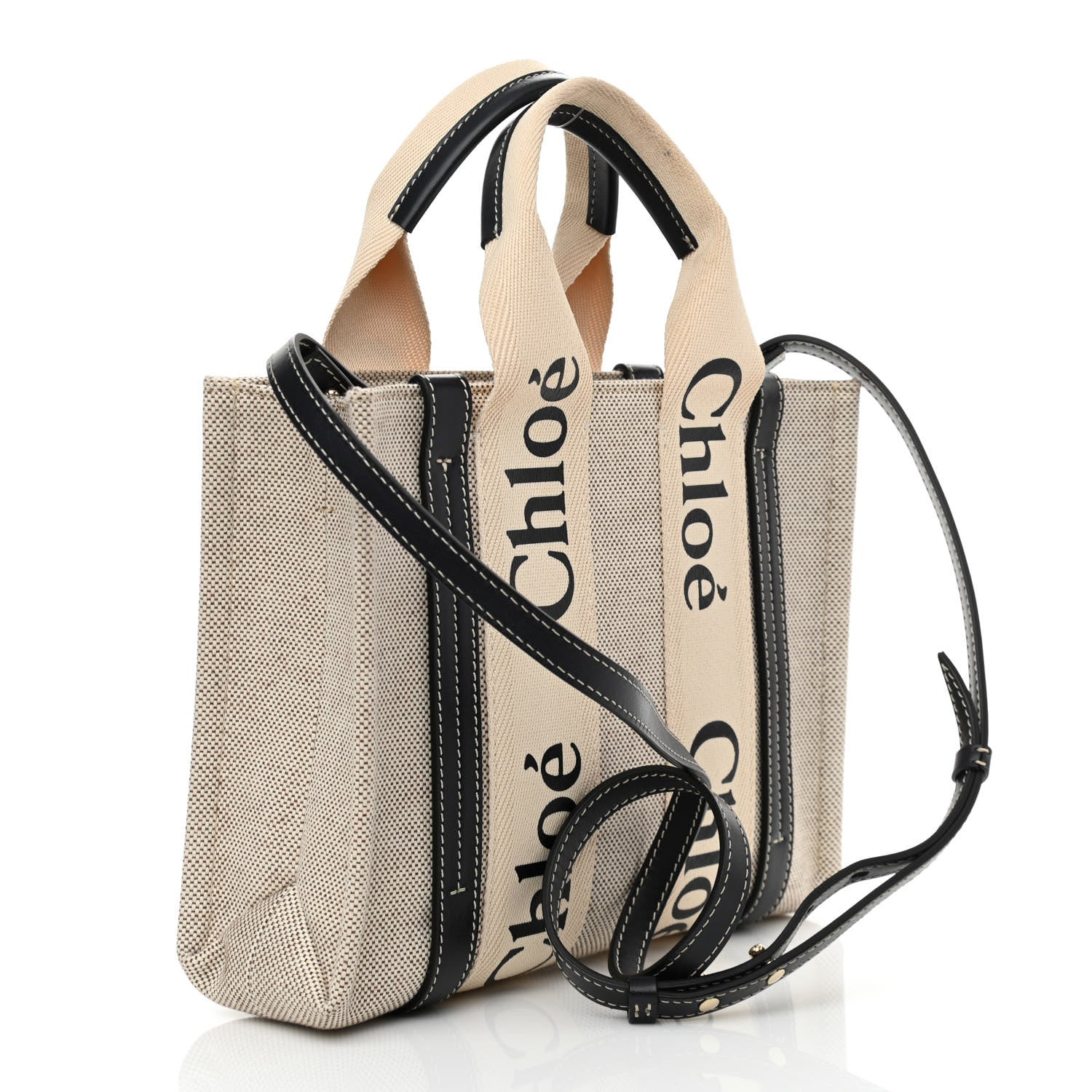 Chloe Cotton Calfskin Small Woody Ribbon Tote With Strap White Navy 3 of 11