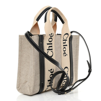 Chloe Cotton Calfskin Small Woody Ribbon Tote With Strap White Navy 3 of 11