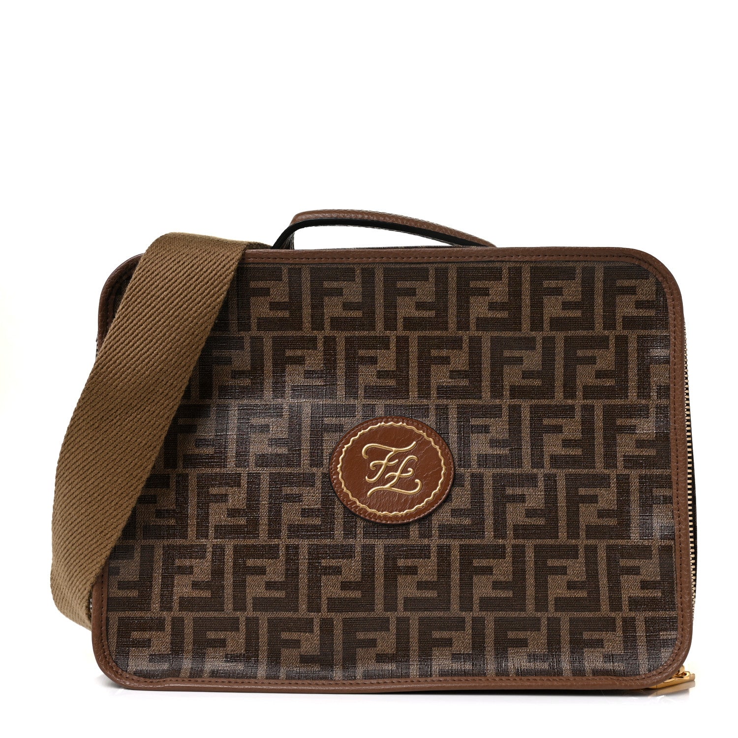 Fendi Glazed Fabric FF 1974 Karligraphy Small Travel Bag Mogano Panna 1 of 8