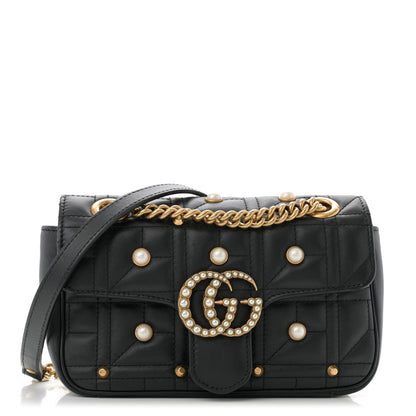 Gucci Calfskin Matelasse Studded Mini Pearly GG Marmont Shoulder Bag Black 1 of 12