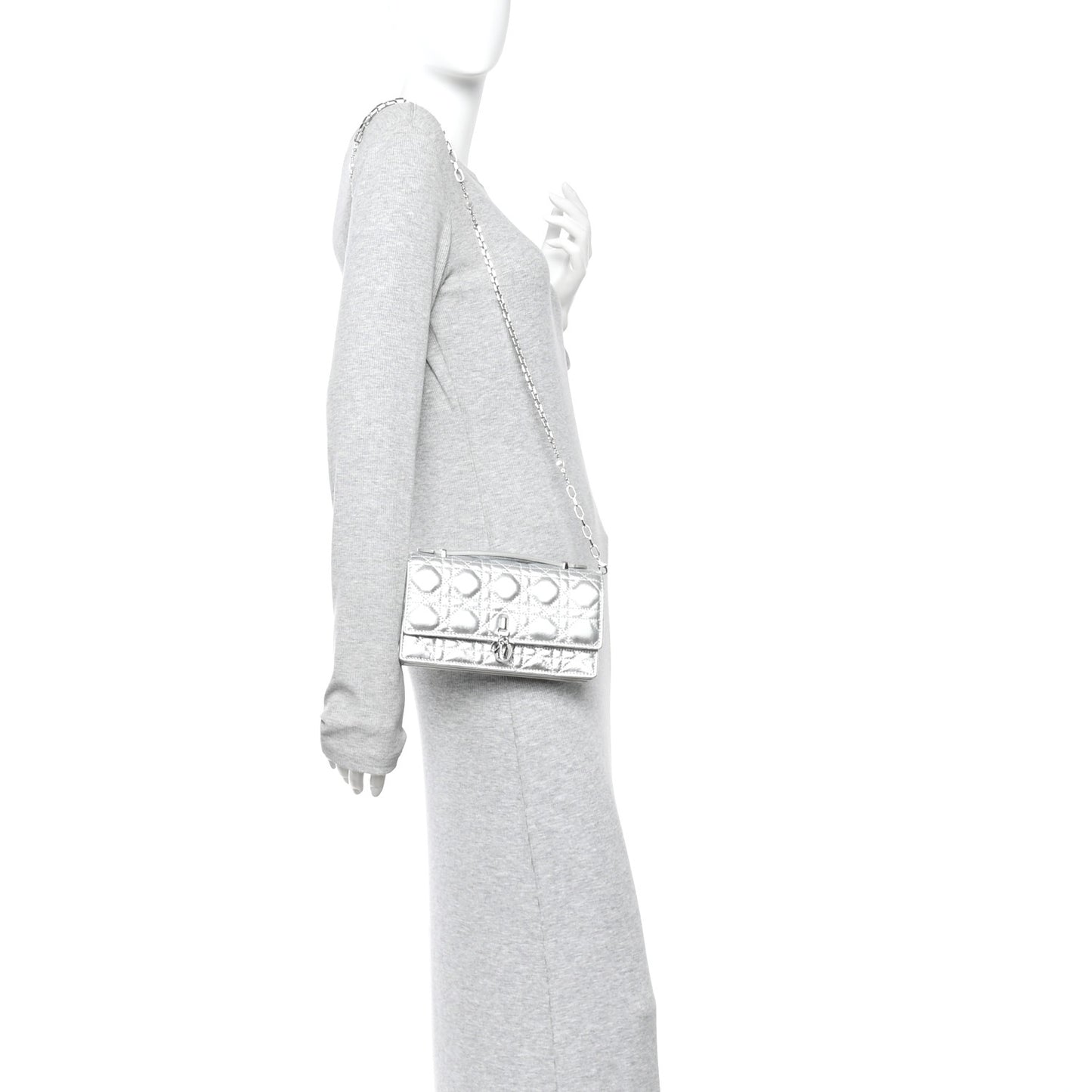 Metallic Lambskin Cannage Mini My Dior Top Handle Clutch Silver