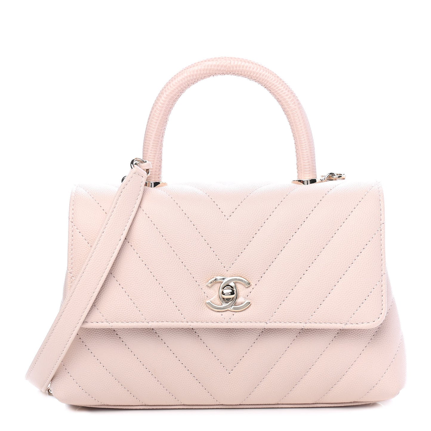 Caviar Lizard Embossed Chevron Quilted Mini Coco Handle Flap Beige Beige