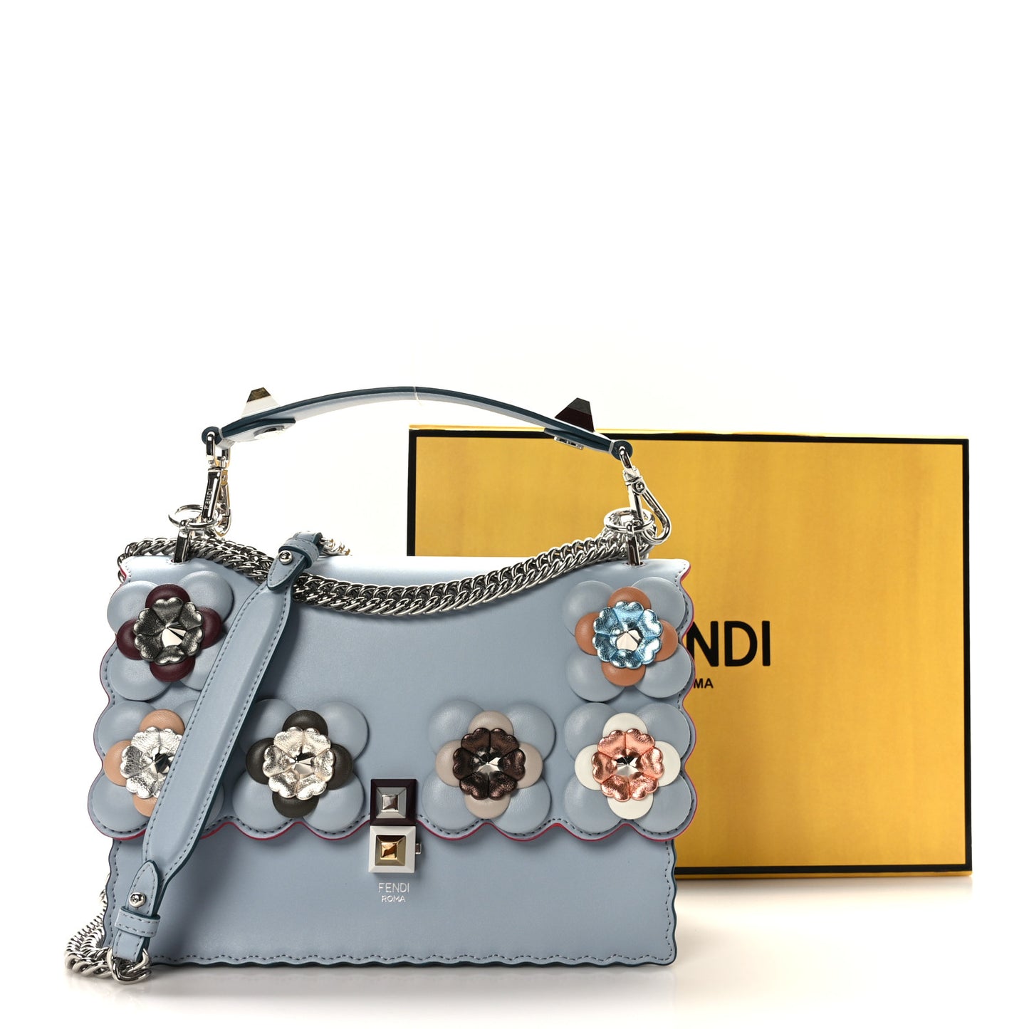 Vitello Liberty Lucido Flowerland Scalloped Studded Kan I Shoulder Bag Azzurro Polvere Multicolor