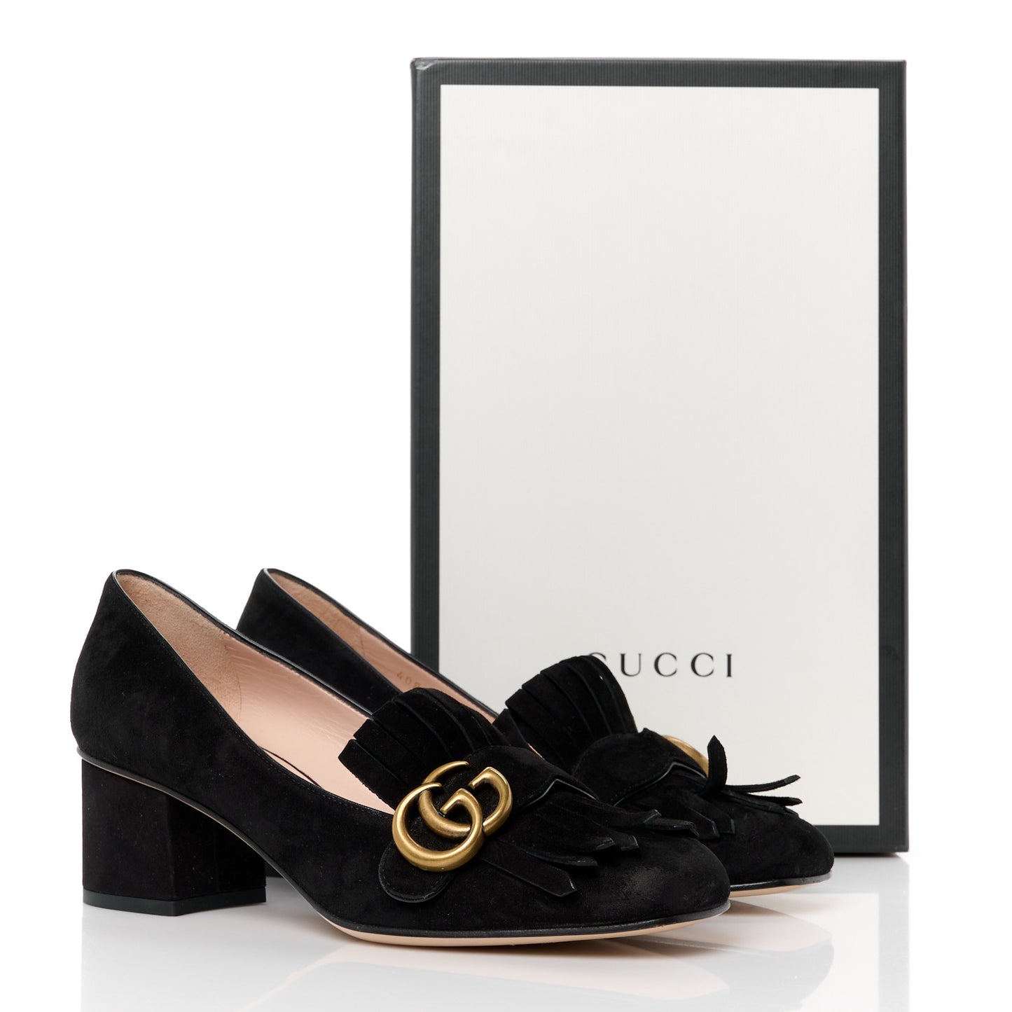 Kid Scamosciato GG Marmont Fringe 50mm Loafer Pumps 38 Black