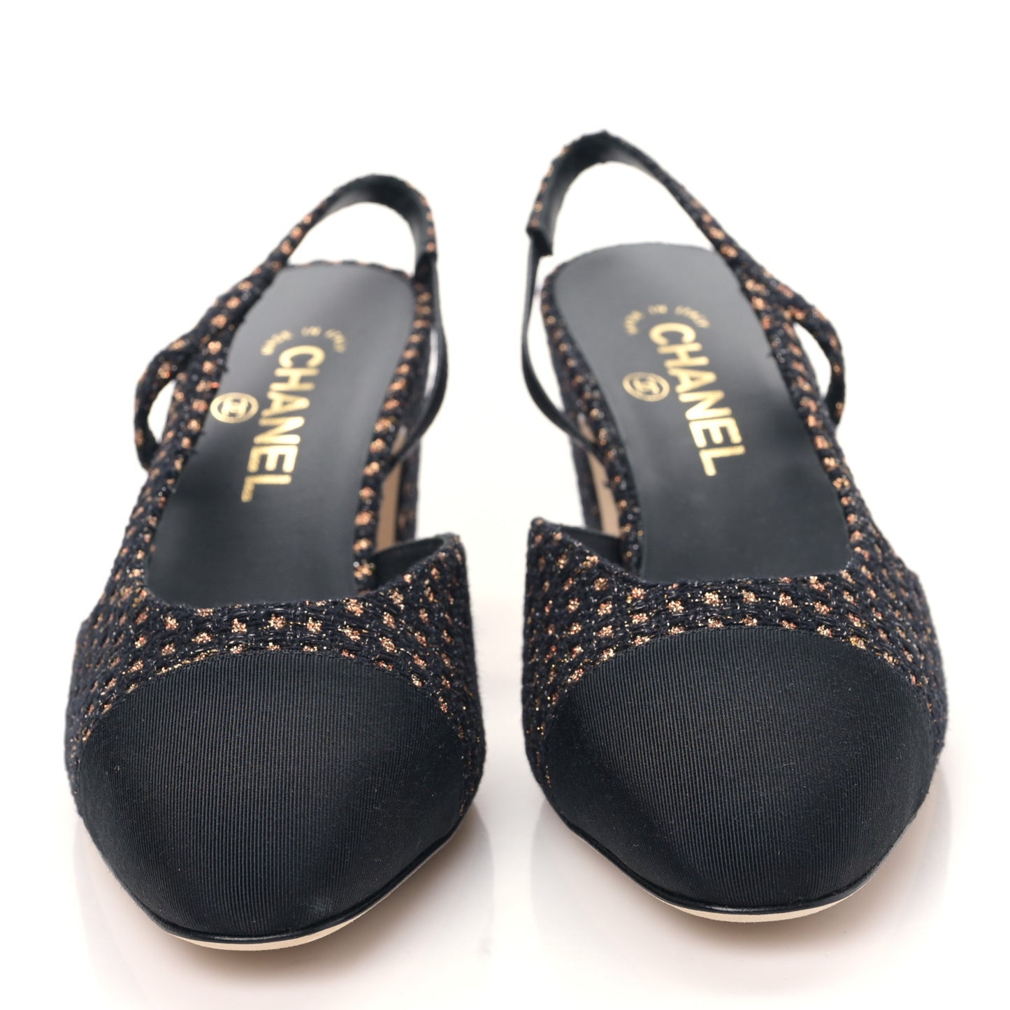 Sparkly Tweed Grosgrain Cap Toe CC Slingback Pumps 40.5 Black Gold