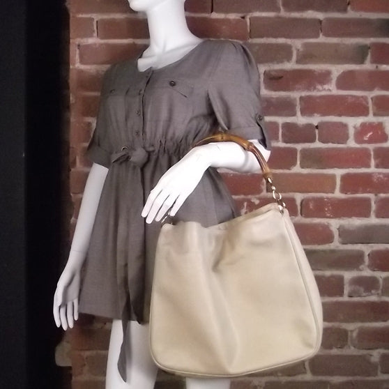 Leather Bamboo Top Handle Tote Beige
