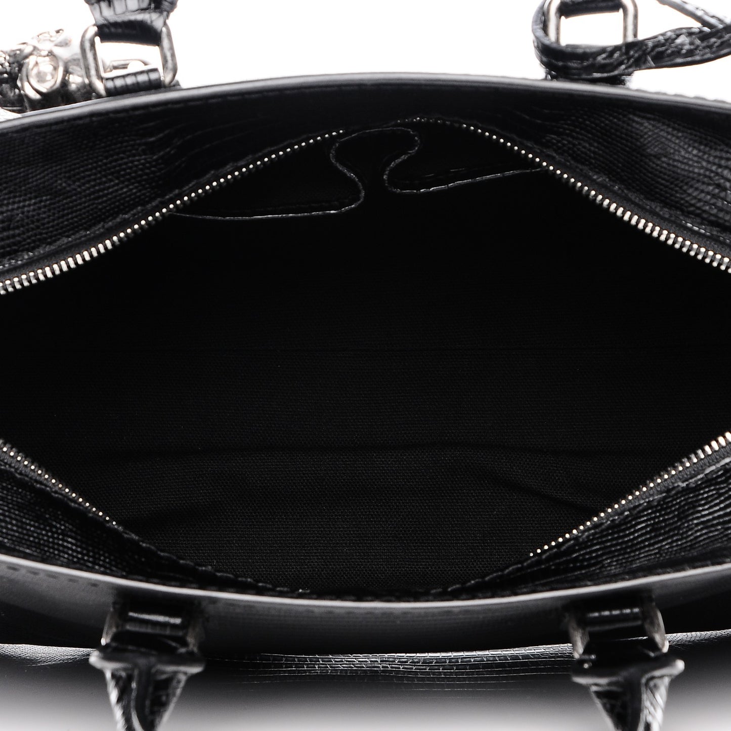Calfskin Lizard Embossed Small Skull Padlock Zip Around Tote Black