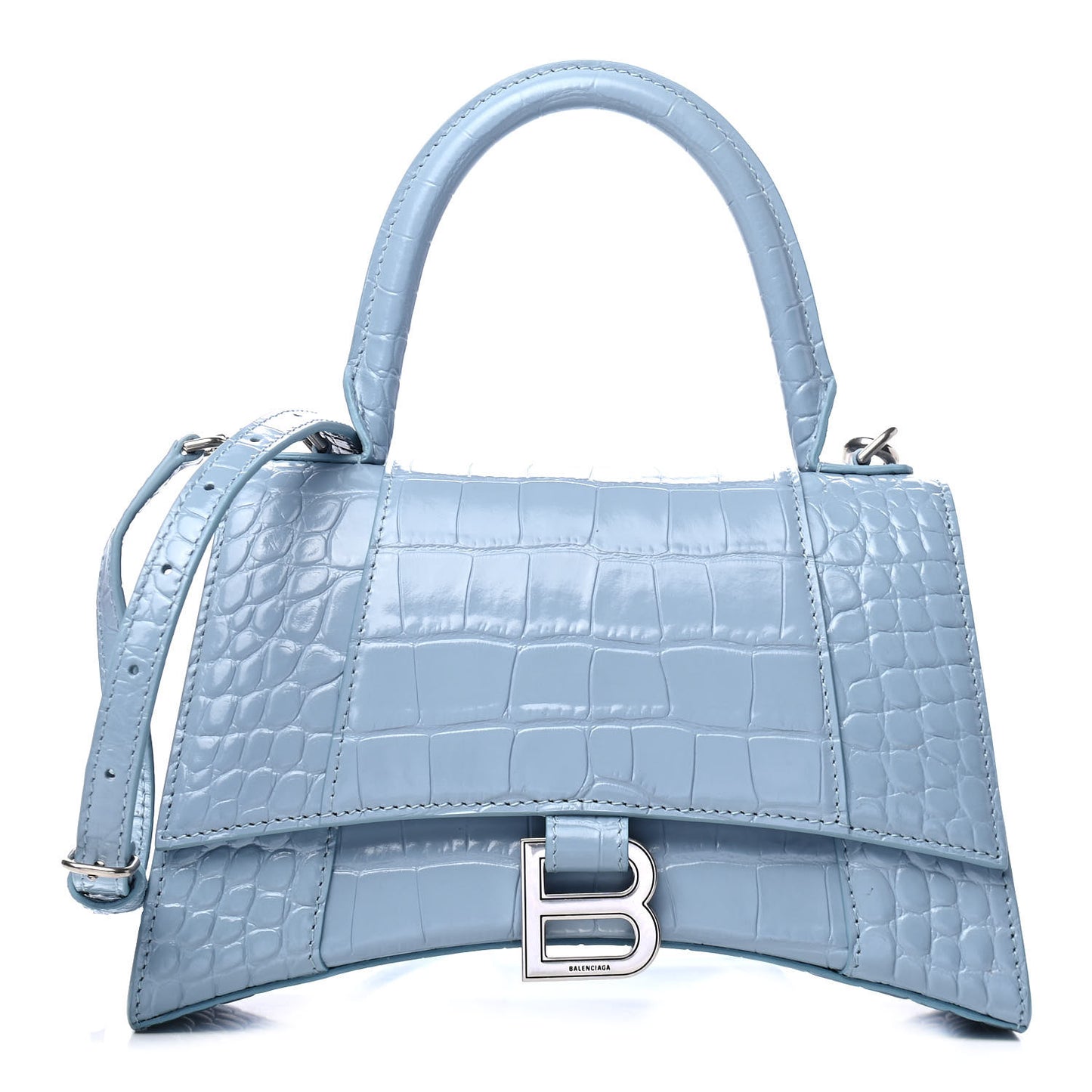 Shiny Calfskin Crocodile Embossed Small Hourglass Top Handle Bag Blue Grey