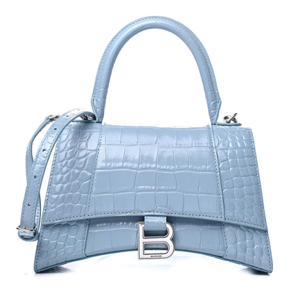 Balenciaga Shiny Calfskin Crocodile Embossed Small Hourglass Top Handle Bag Blue Grey 1 of 4