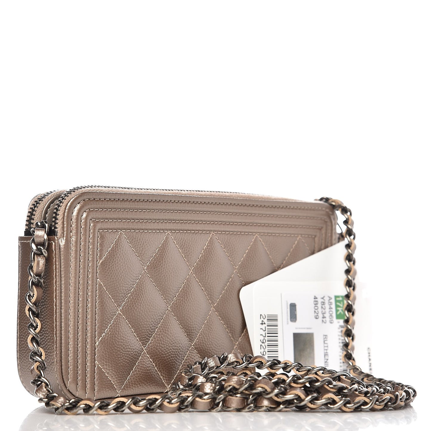 Metallic Caviar Quilted Small Boy Clutch With Chain Copper